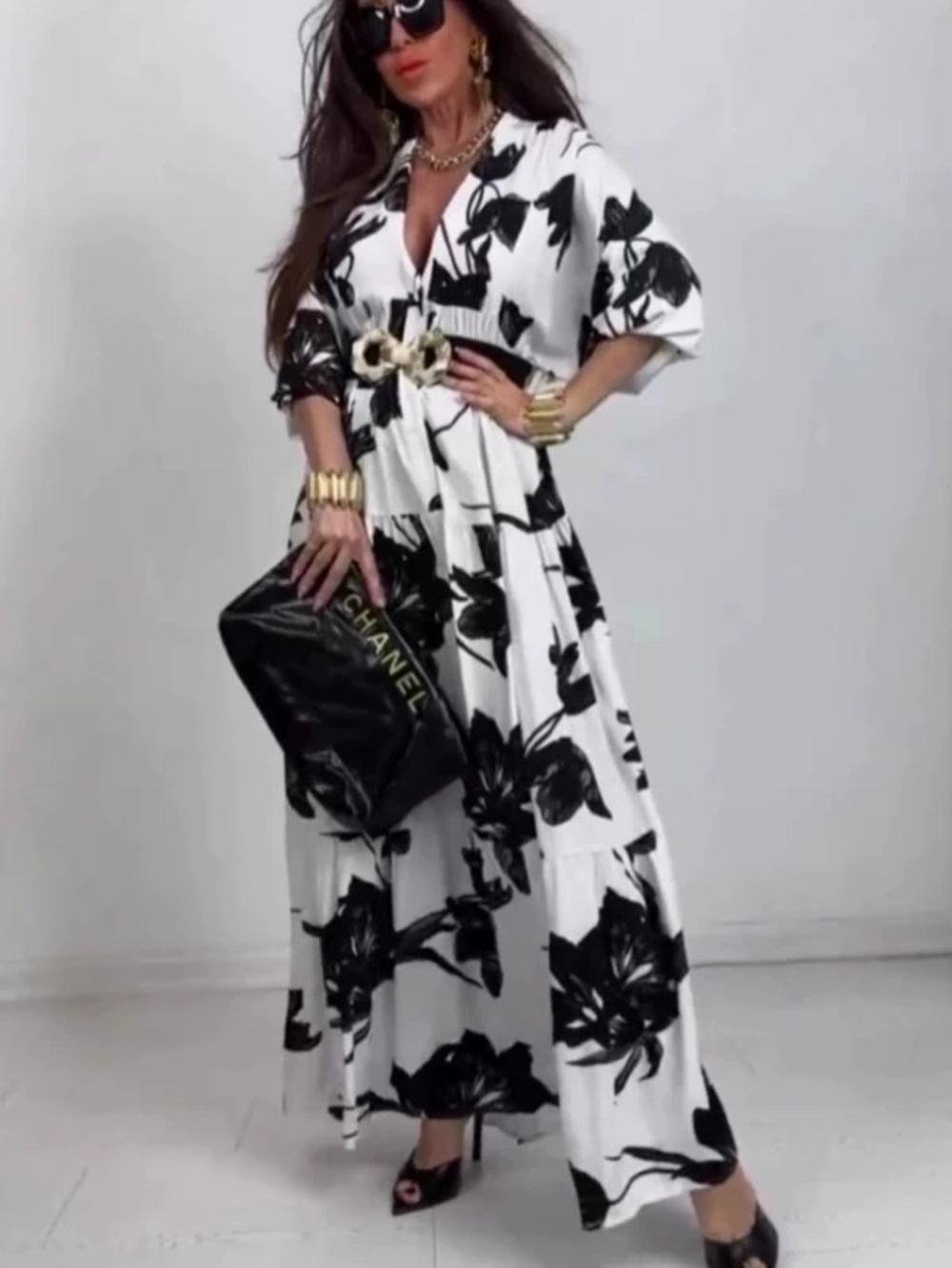 H&M Fashionable Half Open Collar Three Quarter Sleeve Casual Dress